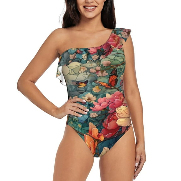 Rateoe Butterflies In Blooming Garden Pattern Women One Piece Swimsuits Tummy Control One Shoulder Bathing Suits Ruffle Swimwear-XX-Large