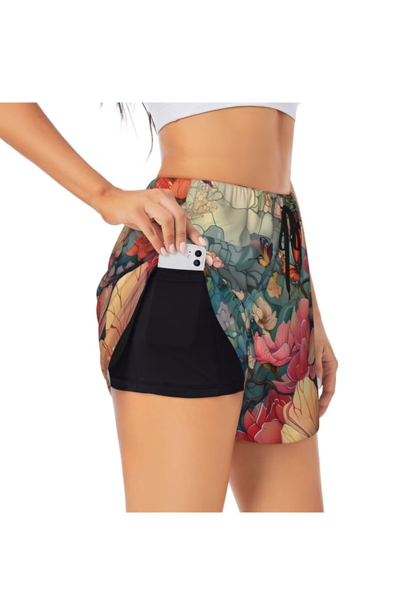 Butterflies In Blooming Garden Printed 2 in 1 Women's Workout Shorts for Athletic Gym Running Shorts with Phone Pockets-X-Large