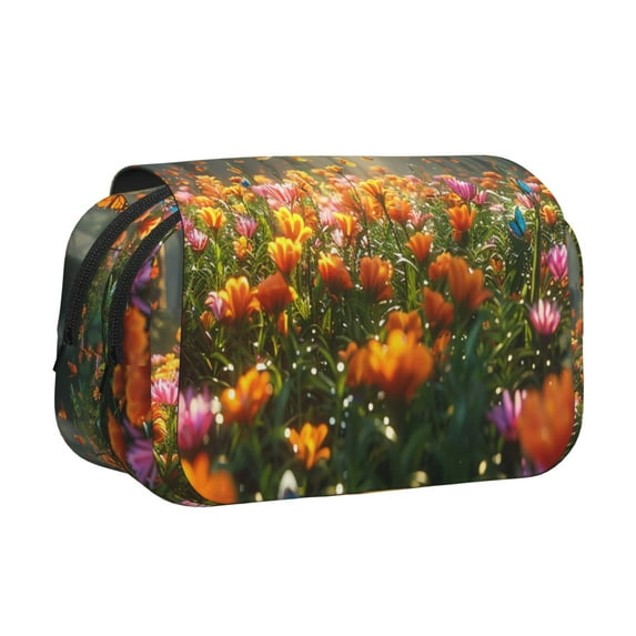 Rateoe Butterflies In Flower Field Pattern Double Clamshell Pen Case, Storage Organizer with Two Zipper Compartments– Holds Up to 50 Pencils & Pens