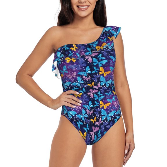 Rateoe Butterflies Of The Starry Sky Pattern Women One Piece Swimsuits Tummy Control One Shoulder Bathing Suits Ruffle Swimwear-XX-Large