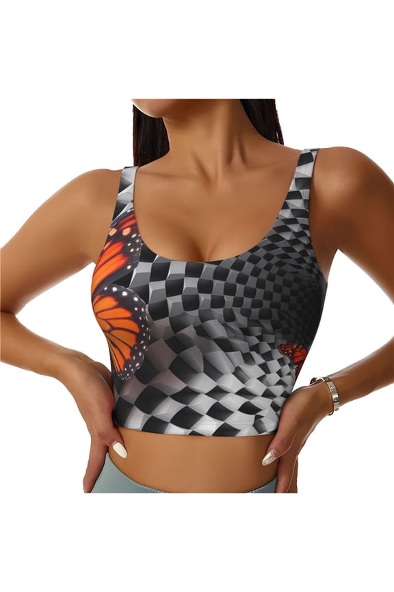 Butterflies Optical Illusion Print Womens' Sports Bras Scoop Neck Sports Vest- Padded U Back Seamless High Impact Support-