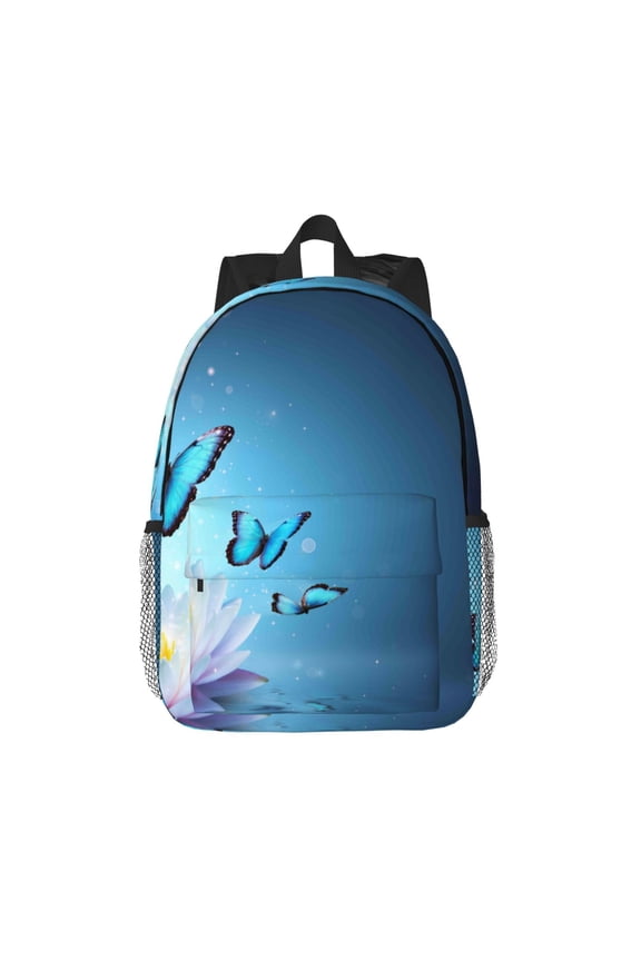 Butterflies And Waterlily In Water Pattern Student Backpack Water-resistant Backpack 15-inch Laptop Backpack Lightweight Adjustable School Backpack