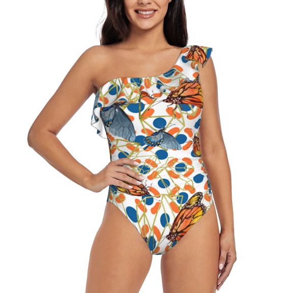 Rateoe Butterflies Wild Insect Pattern Women One Piece Swimsuits Tummy Control One Shoulder Bathing Suits Ruffle Swimwear-Large