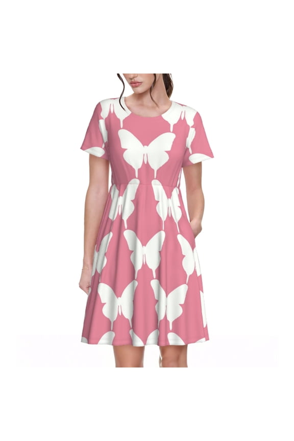 Butterfly 2 Pattern Women’s Short Sleeve Dress – Casual Elegant Summer A-Line Dress for Everyday Wear