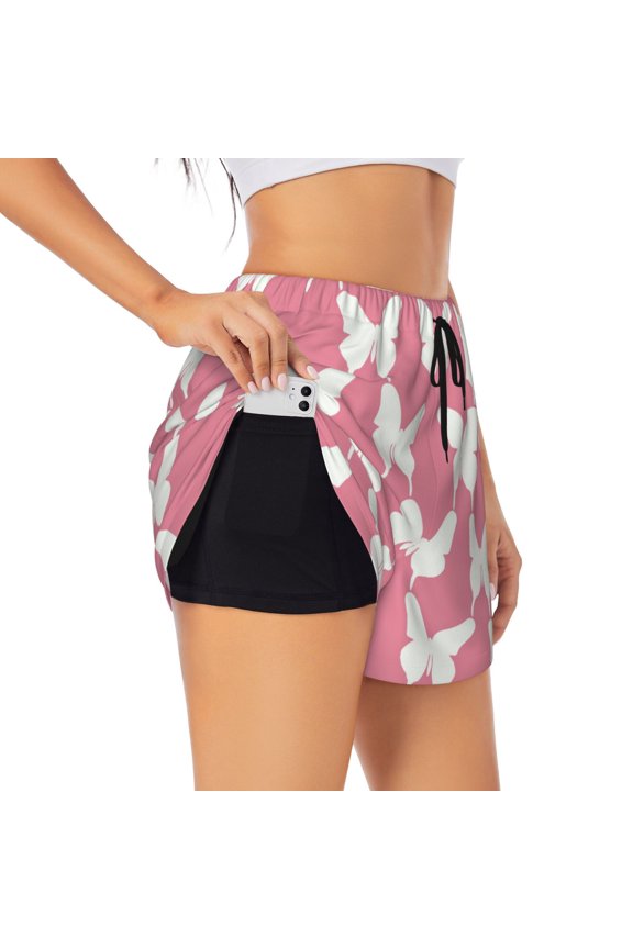 Butterfly 2 Printed 2 in 1 Women's Workout Shorts for Athletic Gym Running Shorts with Phone Pockets-