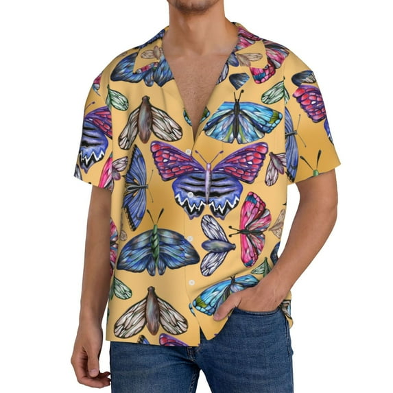 Rateoe Butterfly 3 Pattern Men's Short Sleeve Classic Shirt, Casual Short-Sleeved Shirt, Lightweight Summer Shirt, Cuban Collar Shirt,Button-Front Shirt-X-Large