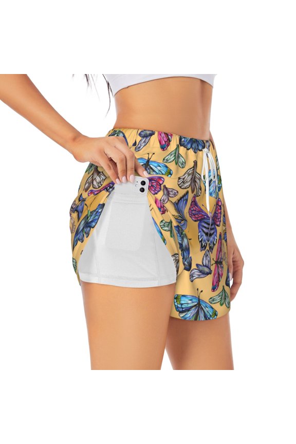 Butterfly 3 Printed 2 in 1 Women's Workout Shorts for Athletic Gym Running Shorts with Phone Pockets-Medium