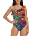 thumbnail image 1 of Rateoe Butterfly Flower Cascade Pattern Women One Piece Swimsuits Tummy Control One Shoulder Bathing Suits Ruffle Swimwear-X-Large, 1 of 6