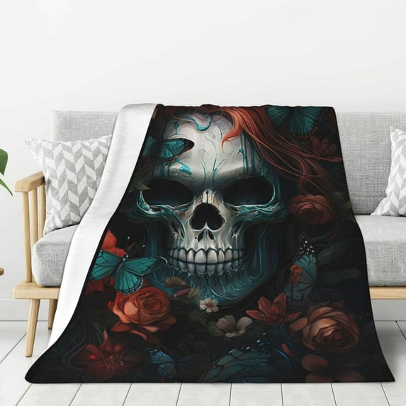 Rateoe Butterfly Flower Skull Pattern Flannel Throw Blanket, Ultra-soft Blanket for Bed, Couch, Car, Hypoallergenic Anti-pilling blanket-50"x40"(Vertical)