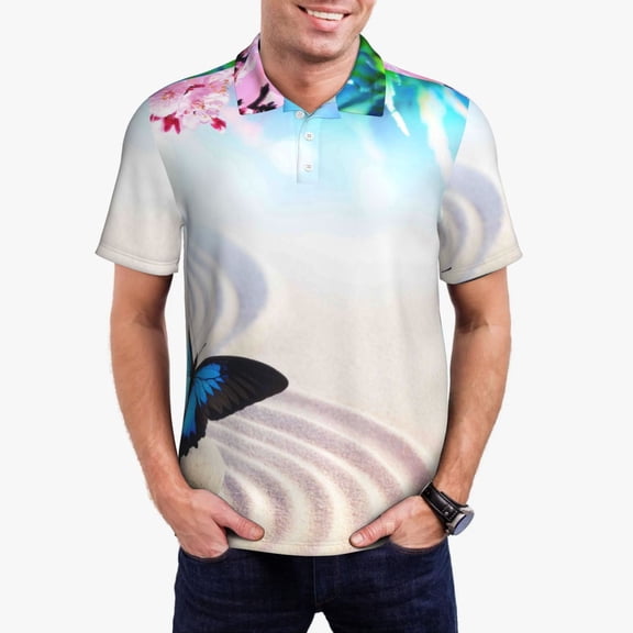 Rateoe Butterfly In Blossoms Zen Pattern Men's Short Sleeve Polo Shirts, Golf Polo Shirts Short Sleeve Performance Moisture Wicking Dry-4X-Large