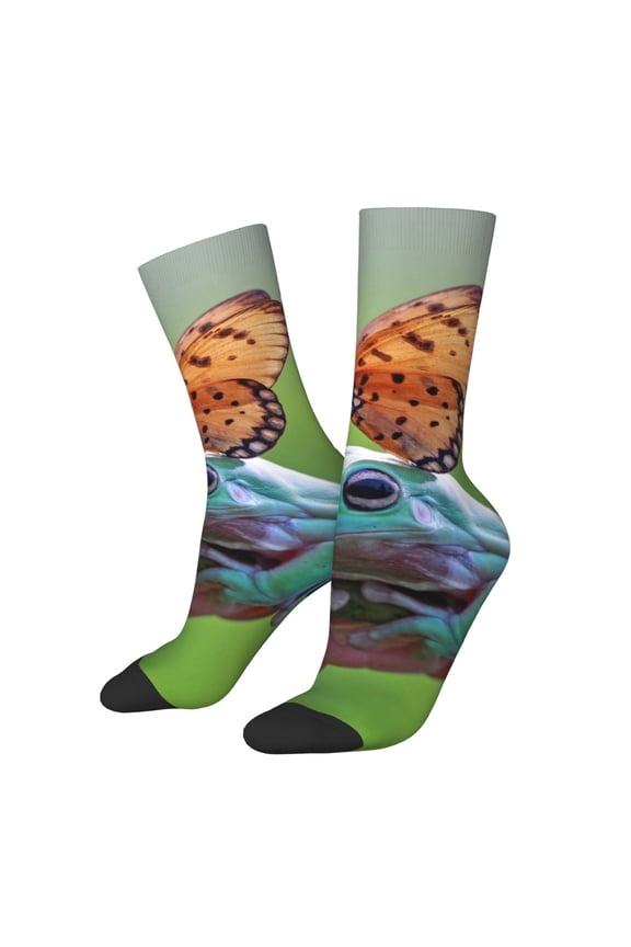 Butterfly Landing On Head Dumpy Frog for Women Casual Calf Socks - Cute Crew Socks - Thin Soft Above Ankle Socks Size 5-11