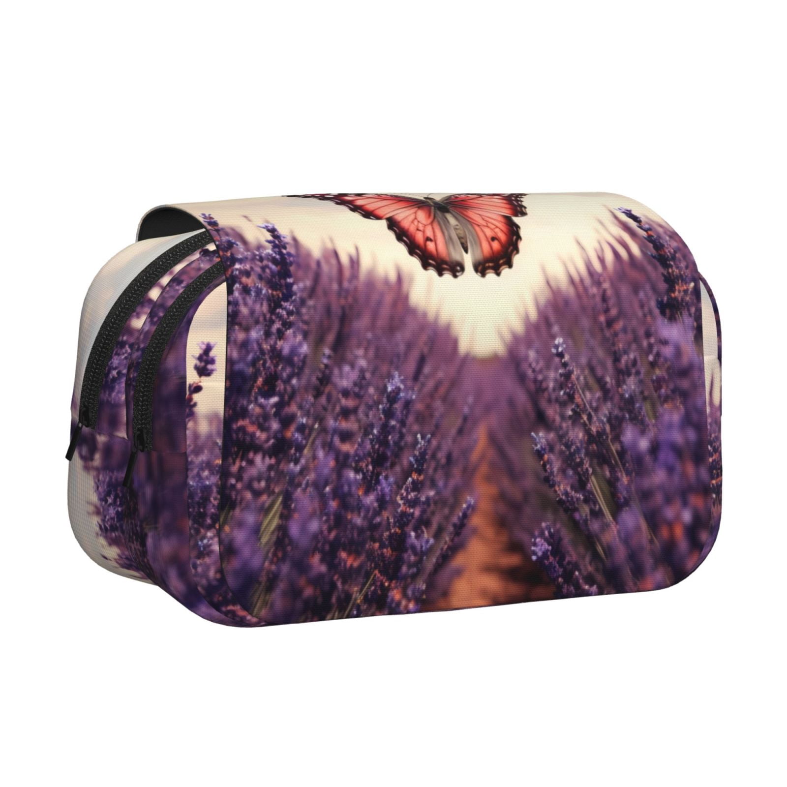 Rateoe Butterfly Over Lavender Pattern Double Clamshell Pen Case, Storage Organizer with Two Zipper Compartments– Holds Up to 50 Pencils & Pens