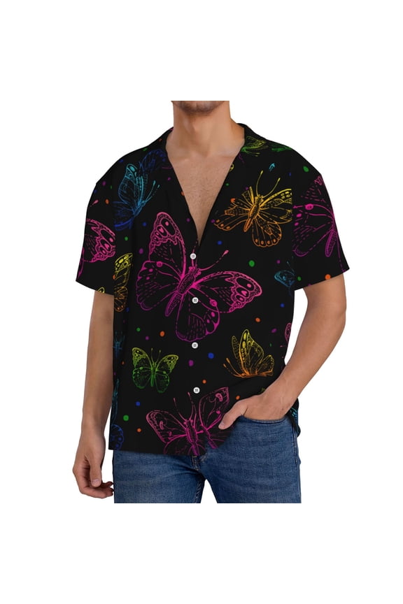 Butterfly Print Mens Front Pocket Hawaiian Shirts Casual Shirts Short Sleeve Button Down Beach Tropical Shirts-Large