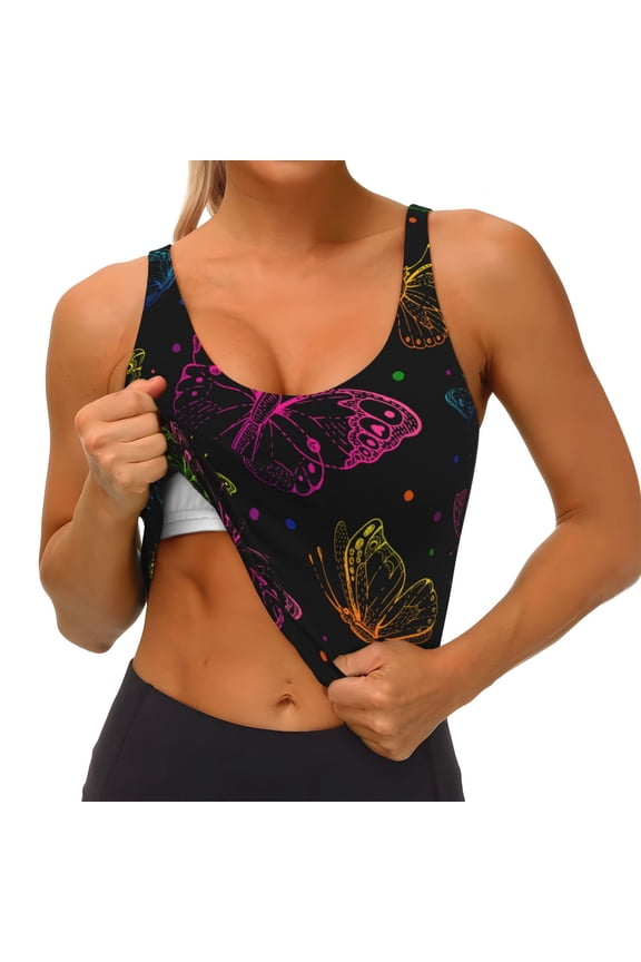 Butterfly Print Womens' Sports Bras Scoop Neck Sports Vest- Padded U Back Seamless High Impact Support