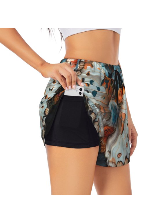 Butterfly and Bloom Beauty Printed 2 in 1 Women's Workout Shorts for Athletic Gym Running Shorts with Phone Pockets-