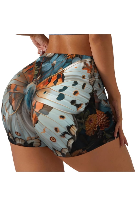 Butterfly and Bloom Beauty Printed Power Workout Shorts for Women Tummy Control Squat Proof Ribbed Thick Seamless Scrunch Active Short-X-Large