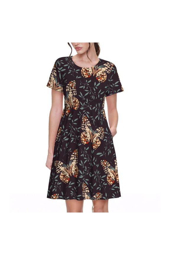 Butterfly1 Pattern Women’s Short Sleeve Dress – Casual Elegant Summer A-Line Dress for Everyday Wear