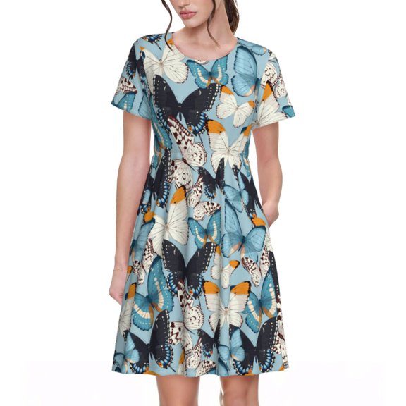 Rateoe Butterflys Pattern Women’s Short Sleeve Dress – Casual Elegant Summer A-Line Dress for Everyday Wear