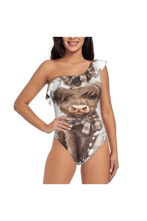 C Pattern Women One Piece Swimsuits Tummy Control One Shoulder Bathing Suits Ruffle Swimwear-XX-Large