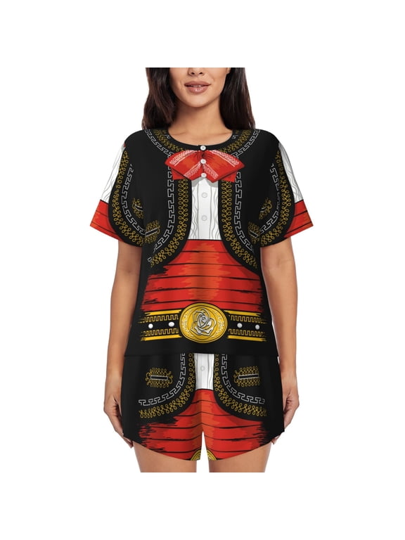 CHARRO SUIT for 2 Piece Short Sleeves Pajama Sets Casual Lounge Sleepwear Ladies Pjs Sets with Pocket-Large