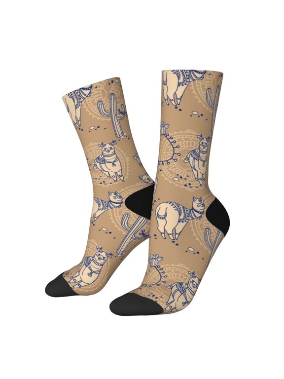 Cactus Alpaca for Women Casual Calf Socks - Cute Crew Socks - Thin Soft Above Ankle Socks Size 5-11