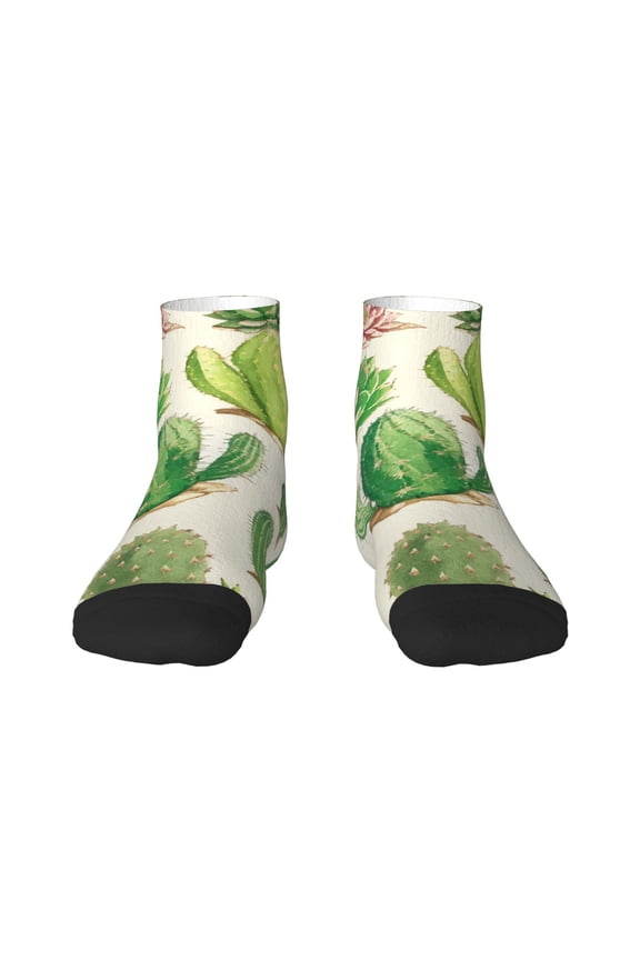 Cactus And Succulent Pattern Quarter Crew Socks,Toe Seamed Ankle Socks,Cotton Cushioned Breathable Athletic Crew Sports Socks