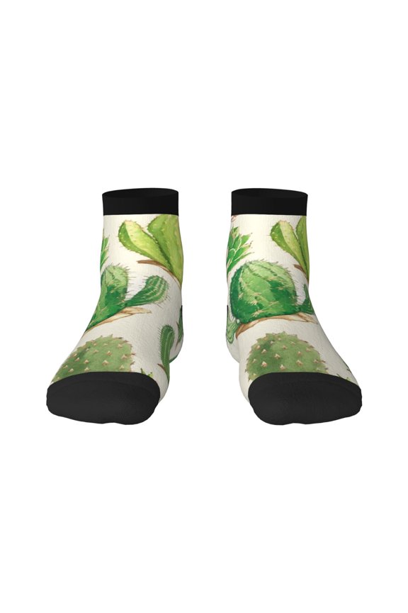 Cactus And Succulent Pattern Quarter Crew Socks,Toe Seamed Ankle Socks,Cotton Cushioned Breathable Athletic Crew Sports Socks