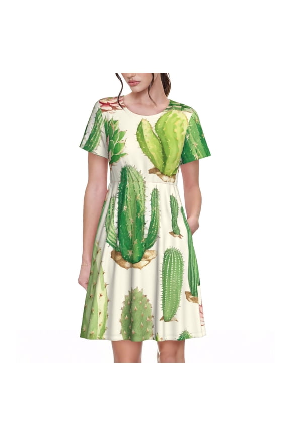 Cactus And Succulent Pattern Women’s Short Sleeve Dress – Casual Elegant Summer A-Line Dress for Everyday Wear