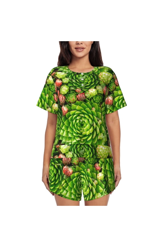 Cactus And Succulents Pattern Women's Short-Sleeved Pajama Set - 2 Piece Soft and Lightweight Sleepwear Set-Large