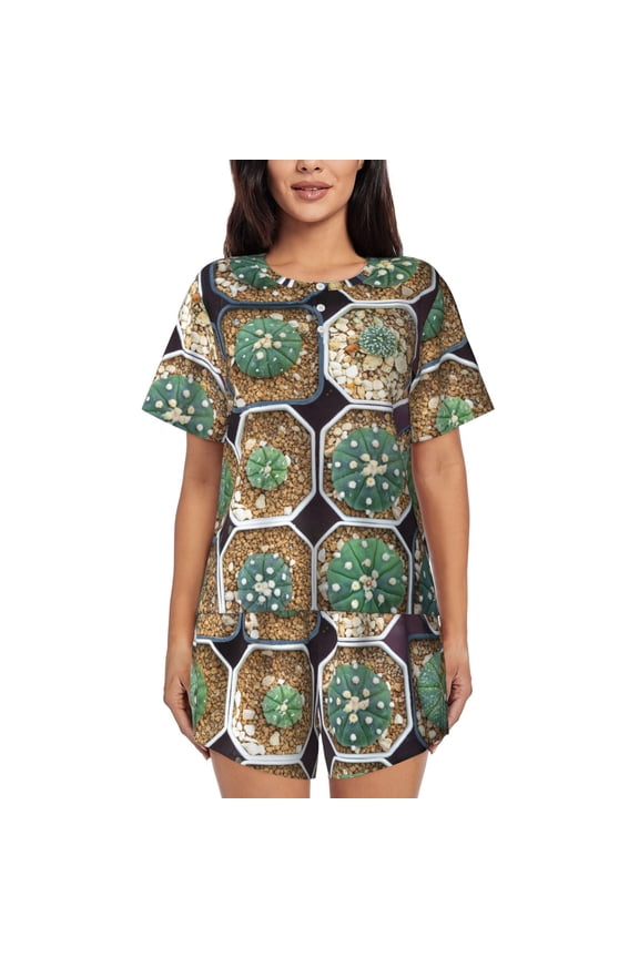 Cactus Garden Pattern Women's Short-Sleeved Pajama Set - 2 Piece Soft and Lightweight Sleepwear Set-Large