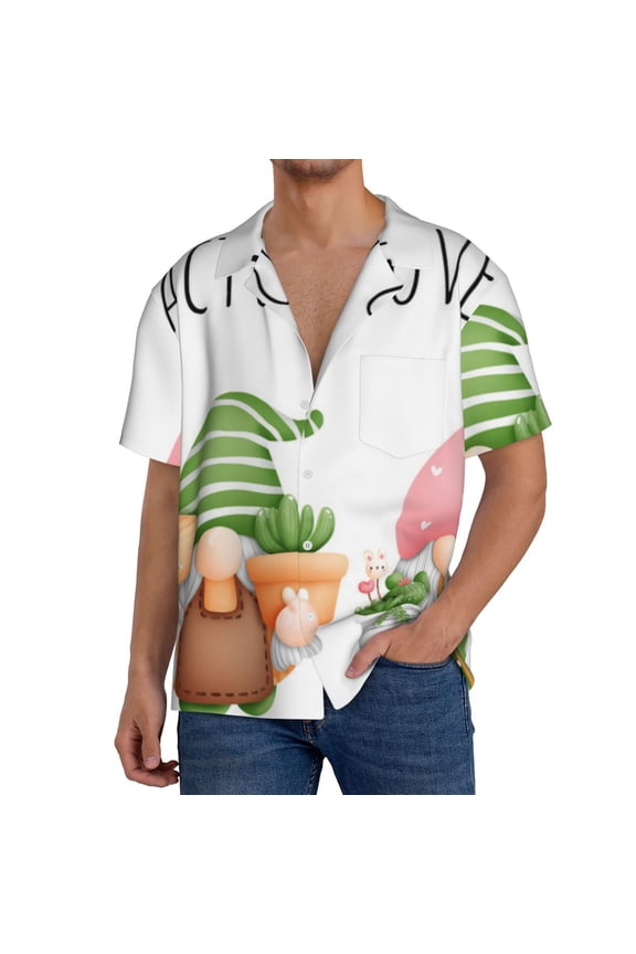 Cactus Gnome Pattern Men's Short Sleeve Classic Shirt, Casual Short-Sleeved Shirt, Lightweight Summer Shirt, Cuban Collar Shirt,Button-Front Shirt-4X-Large