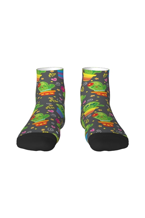 Cactus In Pots Pattern Quarter Crew Socks,Toe Seamed Ankle Socks,Cotton Cushioned Breathable Athletic Crew Sports Socks
