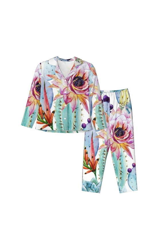 Cactus Pattern Womens Pajamas Set Long Sleeve Sleepwear Button Down Nightwear Soft Cotton Pj Lounge Sets