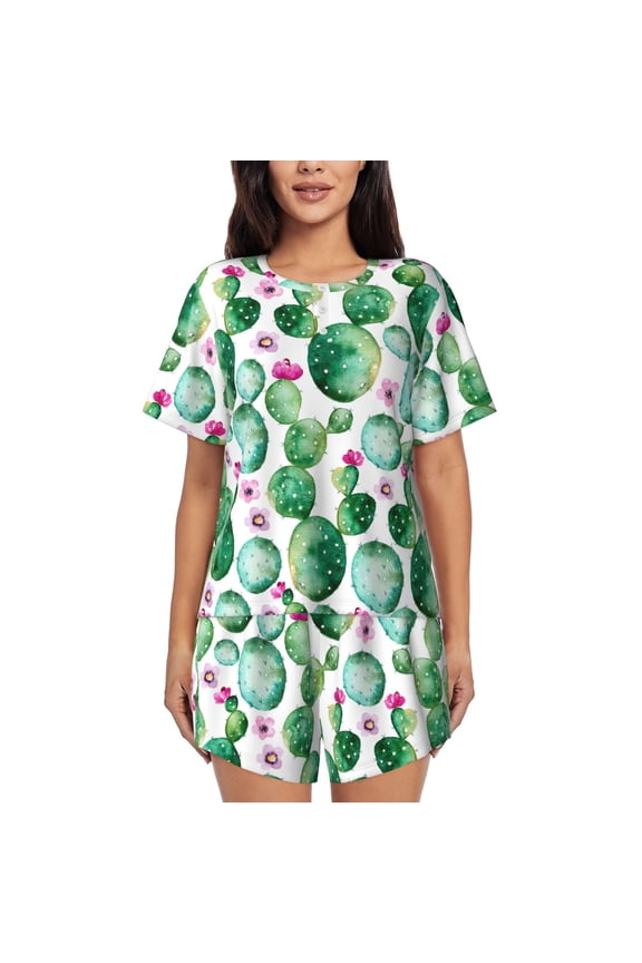 Cactus Plants for 2 Piece Short Sleeves Pajama Sets Casual Lounge Sleepwear Ladies Pjs Sets with Pocket-Small