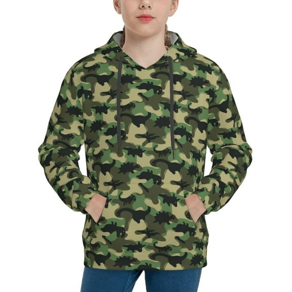 Rateoe Camouflage Dinosaur Pattern Boys Hoodie, Youth Pullover Hooded Sweatshirt, Kangaroo Pocket Hoodie for Kids-Small