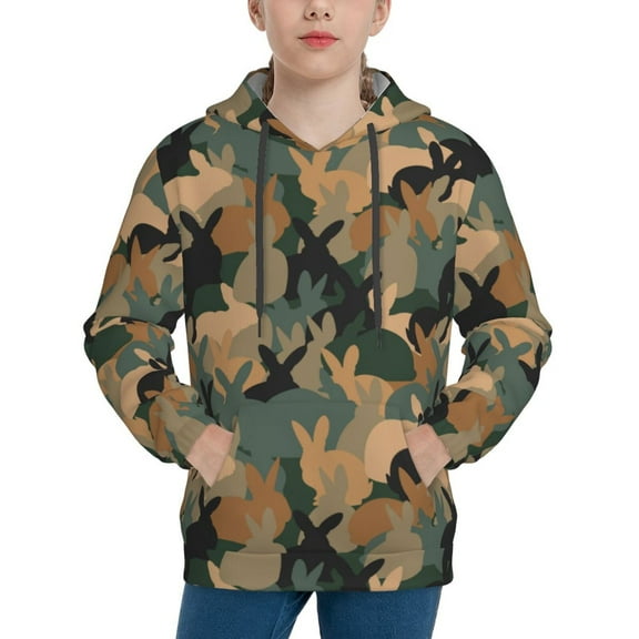 Rateoe Camouflage Rabbit Pattern Boys Hoodie, Youth Pullover Hooded Sweatshirt, Kangaroo Pocket Hoodie for Kids-X-Large