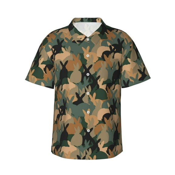 Rateoe Camouflage Rabbit Pattern Men’s Hawaiian Shirt – Short Sleeve Button-Down Tropical Beach Shirt, Lightweight & Breathable Casual Aloha Shirt with Pocket,Medium