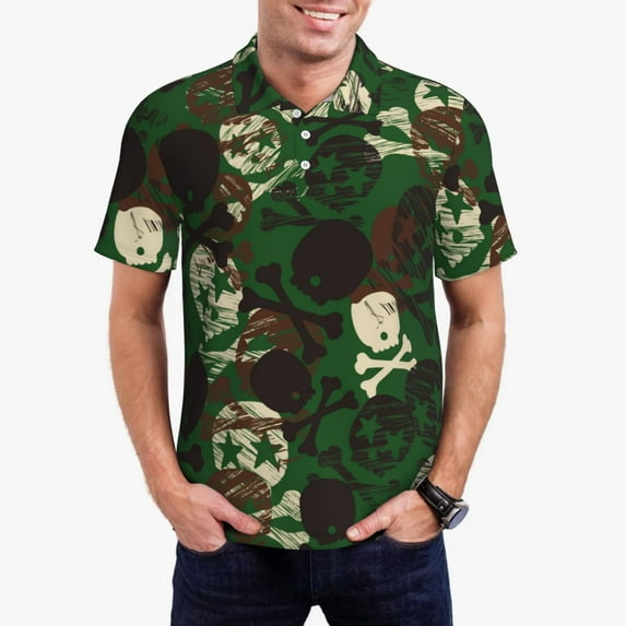 Rateoe Camouflage Skull Pattern Men's Short Sleeve Polo Shirts, Golf Polo Shirts Short Sleeve Performance Moisture Wicking Dry-X-Large