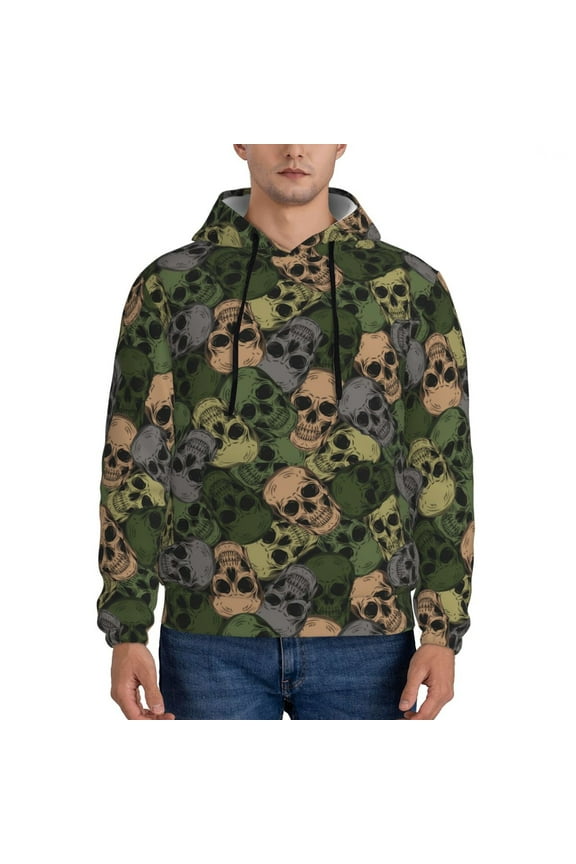 Camouflage Skulls Pattern Mens Hoodie, Pullover Hooded Sweatshirt, Kangaroo Pocket Hoodie Ideal for Daily Wear, Travel and Home-Large