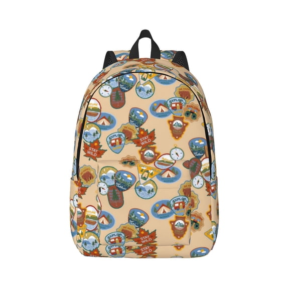 Rateoe Camp Badge Pattern Canvas College Laptop Backpack,Travel Daypack,Durable Rucksack Travel Notebook Bag School Backpack Book Bag for Men Women-Small