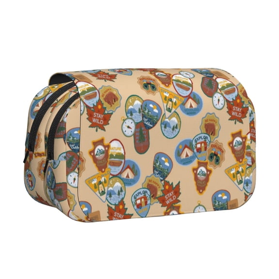 Rateoe Camp Badge Pattern Double Clamshell Pen Case, Storage Organizer with Two Zipper Compartments– Holds Up to 50 Pencils & Pens