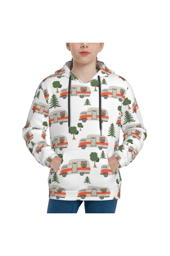 Camp Van Pattern Boys Hoodie, Youth Pullover Hooded Sweatshirt, Kangaroo Pocket Hoodie for Kids-Medium