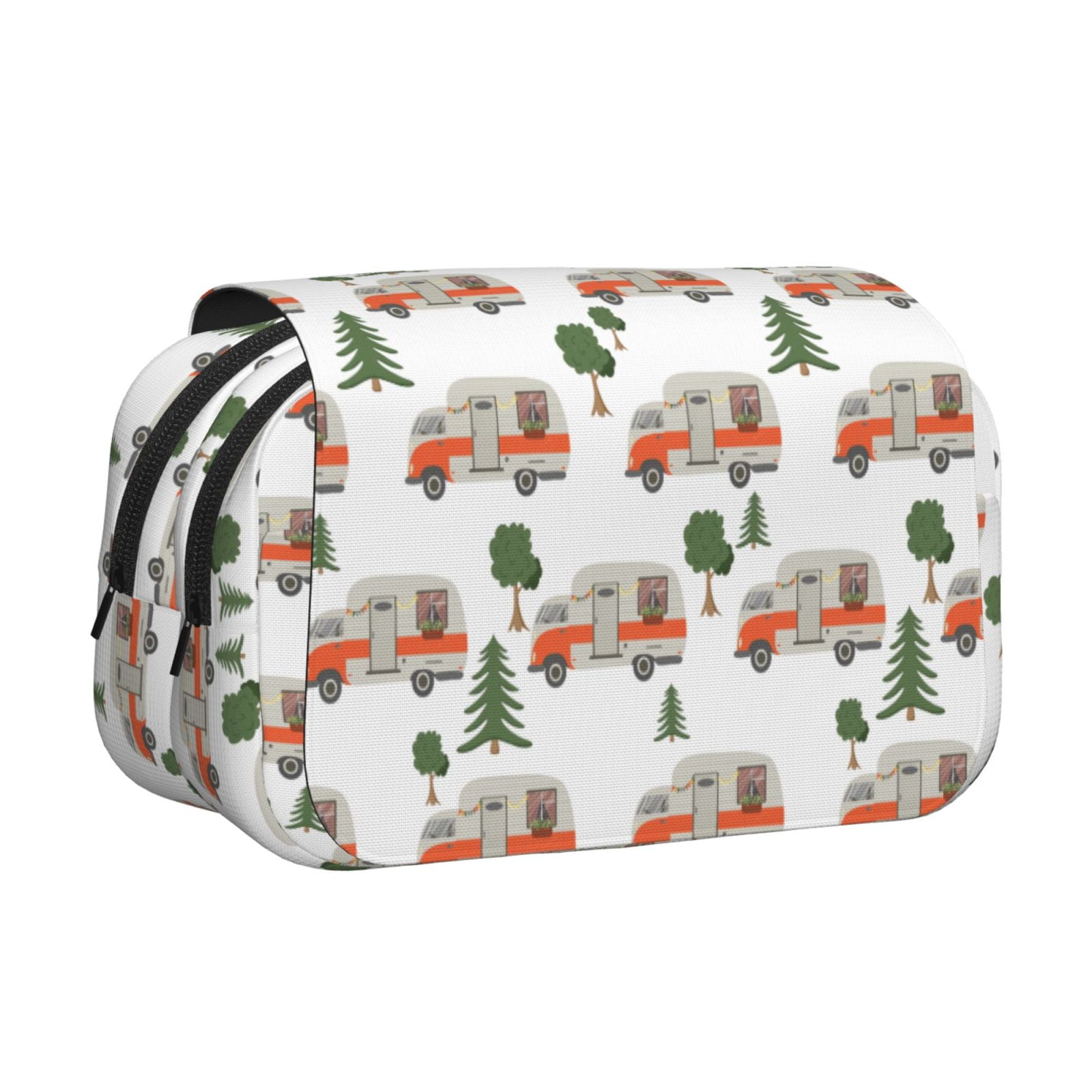 Rateoe Camp Van Pattern Double Clamshell Pen Case, Storage Organizer with Two Zipper Compartments– Holds Up to 50 Pencils & Pens