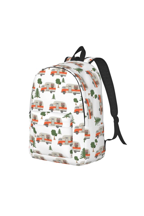 Camp Van Pattern Durable Canvas Backpack for Men & Women – Stylish & Lightweight – Adjustable Straps, Multiple Pockets – Fits 15-17 Inch LaptopsSmall