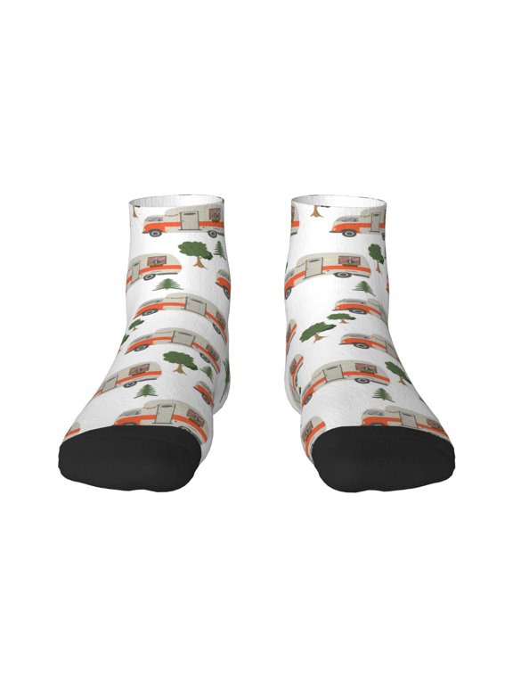 Camp Van Pattern Quarter Crew Socks,Toe Seamed Ankle Socks,Cotton Cushioned Breathable Athletic Crew Sports Socks