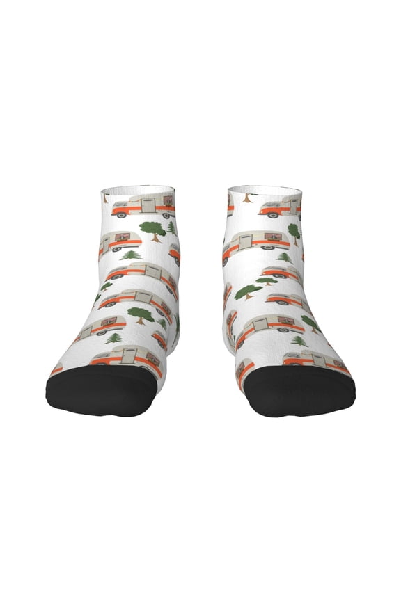 Camp Van Pattern Quarter Crew Socks,Toe Seamed Ankle Socks,Cotton Cushioned Breathable Athletic Crew Sports Socks