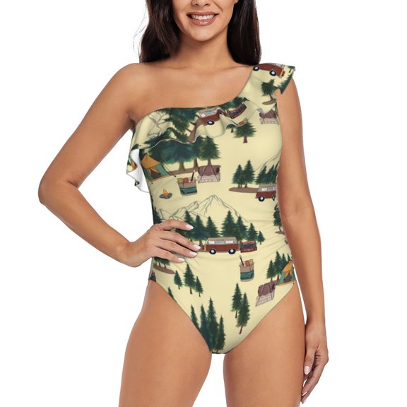 Rateoe Camping Caravan 1 Pattern Women One Piece Swimsuits Tummy Control One Shoulder Bathing Suits Ruffle Swimwear-Medium