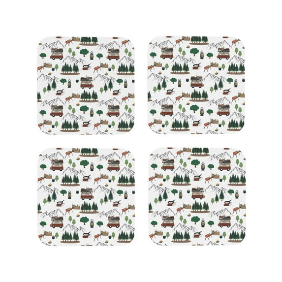 Rateoe Camping Caravan 2 Drawing Drink Coasters Set of 4 Leather Coasters Spill Protection for Table Desk,Durable and Non Slip Leather Coaster ,4 Inches Drink Mats-Square