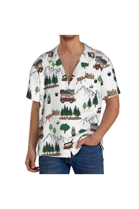 Camping Caravan 2 Pattern Men's Short Sleeve Classic Shirt, Casual Short-Sleeved Shirt, Lightweight Summer Shirt, Cuban Collar Shirt,Button-Front Shirt-Medium