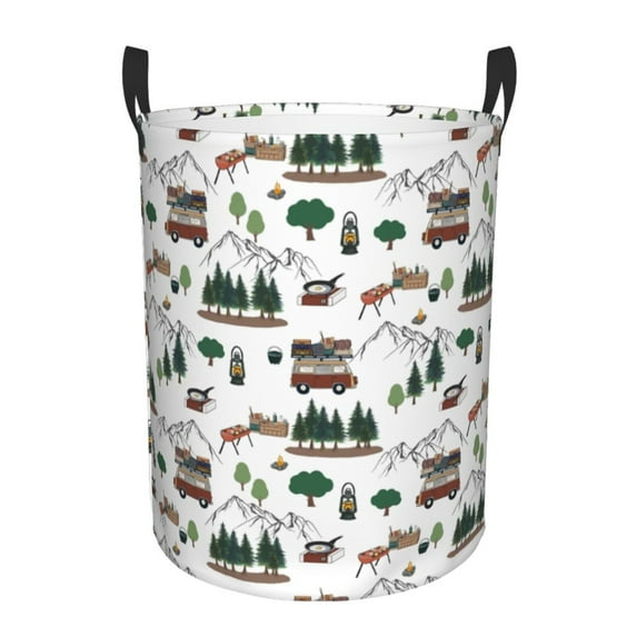 Rateoe Camping Caravan 2 Pattern Round Laundry Hamper Basket, Tall Hamper Basket for Blanket Storage, Nursery Clothes Hamper for Laundry in Bedroom and College Dorm-Small